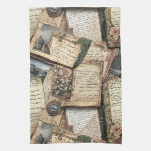 Romantic Vintage Letter Collage with Roses Tea Towel