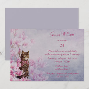 Romantic Vintage Magnolia & Kitten Birthday Invitation