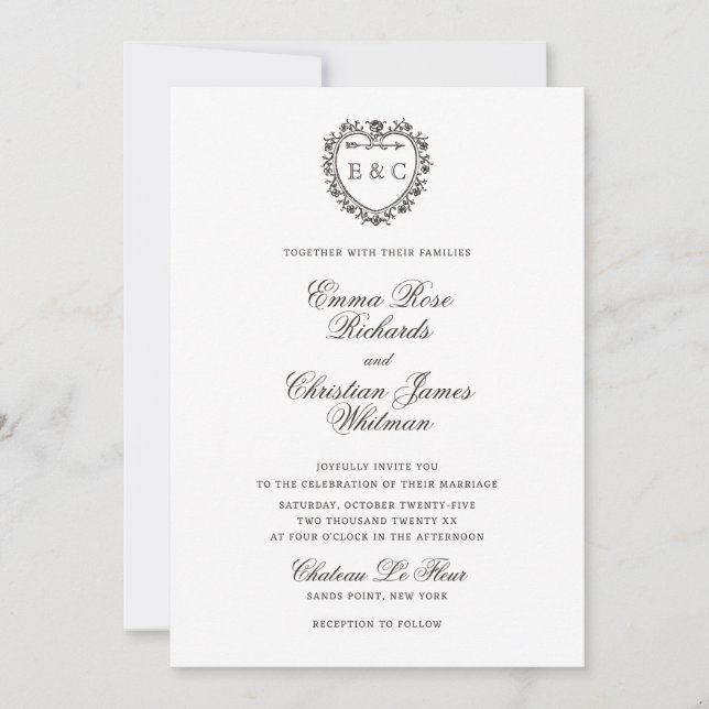 Romantic Vintage Monogram Crest Wedding Invitation (Front)