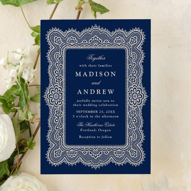 Romantic Vintage Navy Lace Wedding Invitation (Creator Uploaded)