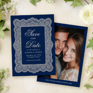 Romantic Vintage Navy Lace Wedding Save The Date