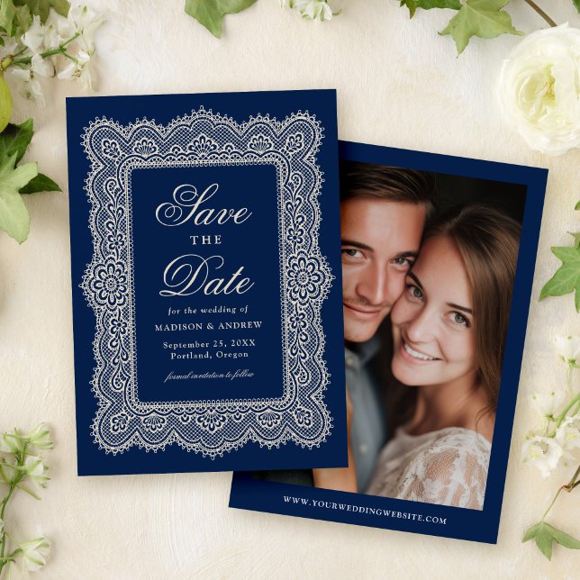 Romantic Vintage Navy Lace Wedding Save The Date (Creator Uploaded)