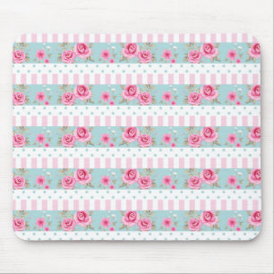 Romantic Vintage Pink & Mint Floral Roses Pattern Mouse Pad
