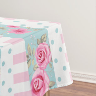 Romantic Vintage Pink & Mint Floral Roses Pattern Tablecloth