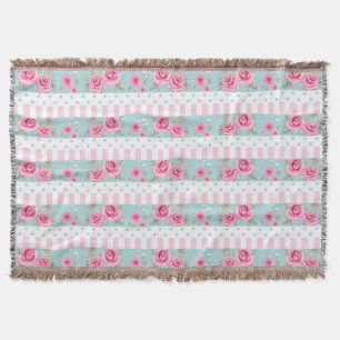 Romantic Vintage Pink & Mint Floral Roses Pattern Throw Blanket