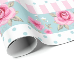 Romantic Vintage Pink & Mint Floral Roses Pattern Wrapping Paper