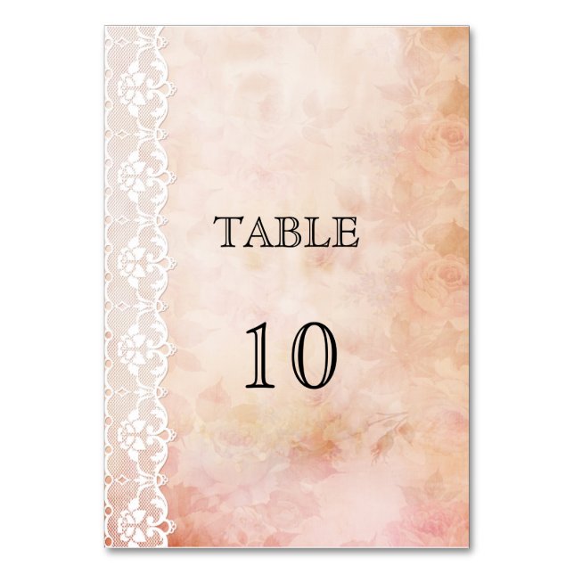 Romantic Vintage Rose & Lace Wedding Table Number (Back)