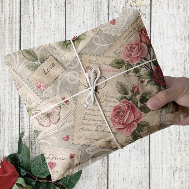 Romantic Vintage Roses Letters Butterfly Decoupage Tissue Paper (pink vintage roses and butterflies tissue wrapping paper)