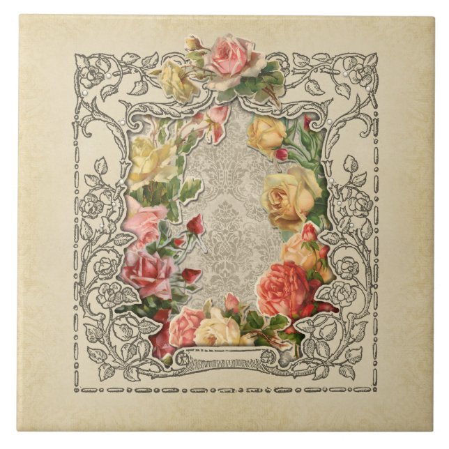 Romantic Vintage Sculpted Roses Tile (Front)