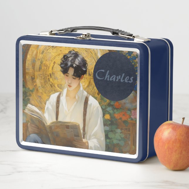 Romantic Vintage Style Art of Boy Reading Metal Lunch Box (In Situ)