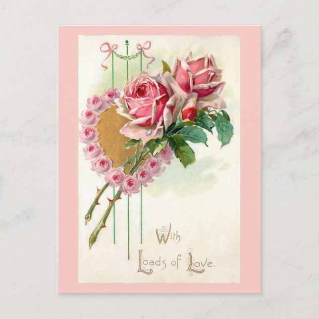 Romantic Vintage Valentine Heart and Roses Holiday Postcard (Front)