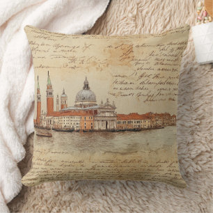Romantic Vintage Venice Artwork with Script Cushion