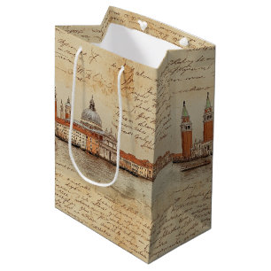 Romantic Vintage Venice Artwork with Script Medium Gift Bag