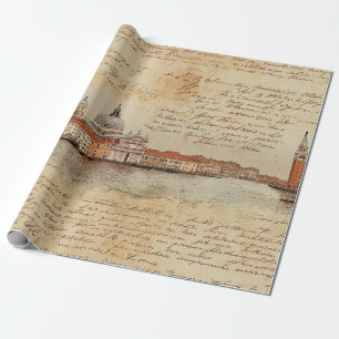 Romantic Vintage Venice Artwork with Script Wrapping Paper