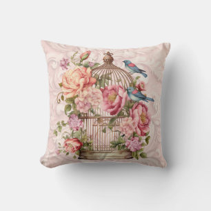 Romantic Vintage Watercolor Floral Birdcage Cushion