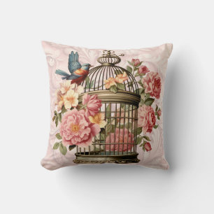 Romantic Vintage Watercolor Floral Birdcage Cushion
