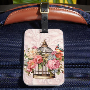 Romantic Vintage Watercolor Floral Birdcage Luggage Tag