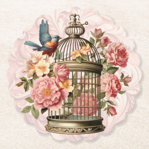 Romantic Vintage Watercolor Floral Birdcage Paper Coaster