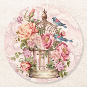 Romantic Vintage Watercolor Floral Birdcage  Round Paper Coaster