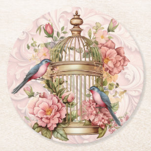 Romantic Vintage Watercolor Floral Birdcage Round Paper Coaster