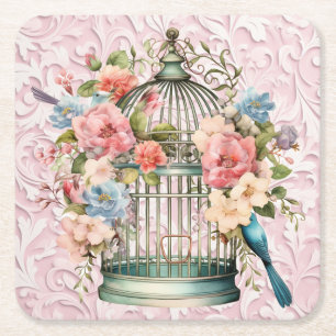 Romantic Vintage Watercolor Floral Birdcage Square Paper Coaster