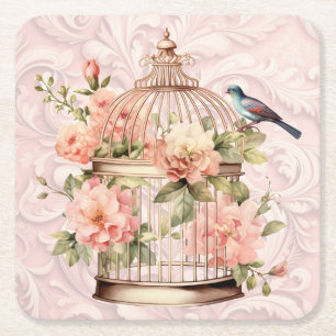 Romantic Vintage Watercolor Floral Birdcage Square Paper Coaster