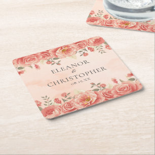 Romantic Vintage Wedding Coral Roses Custom Square Paper Coaster