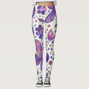 Romantic Violet Flowers and Leaves Original Art Leggings