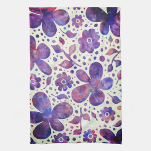 Romantic Violet Flowers and Leaves Original Art Tea Towel