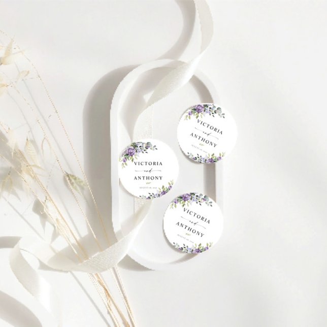 Romantic Violet Flowers Round Wedding Coaster (Creator Uploaded)
