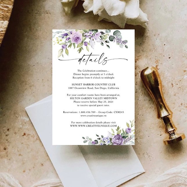 Romantic Violet Flowers Wedding Details Card (Creator Uploaded)