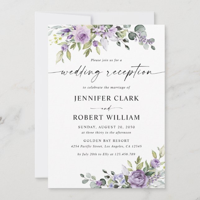 Romantic Violet Flowers Wedding Reception Invitation (Front)
