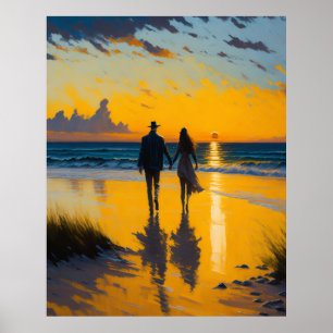 Romantic walk, couple on the beach landscape paint poster