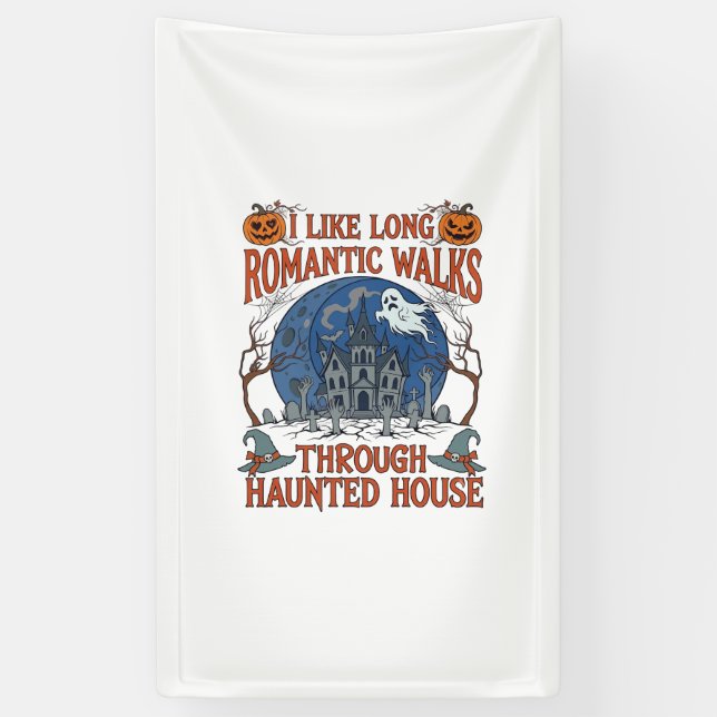 Romantic Walks Through Haunted House Ghost Pumpkin Banner (Vertical)
