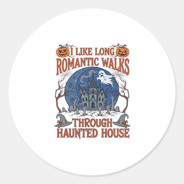 Romantic Walks Through Haunted House Ghost Pumpkin Classic Round Sticker (Front)