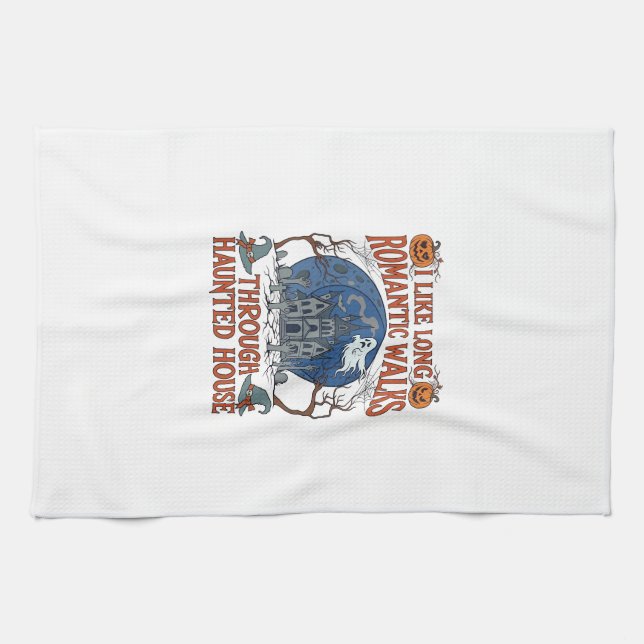 Romantic Walks Through Haunted House Ghost Pumpkin Tea Towel (Horizontal)