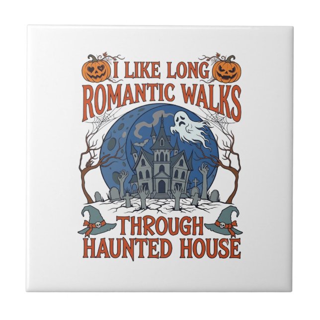 Romantic Walks Through Haunted House Ghost Pumpkin Tile (Front)