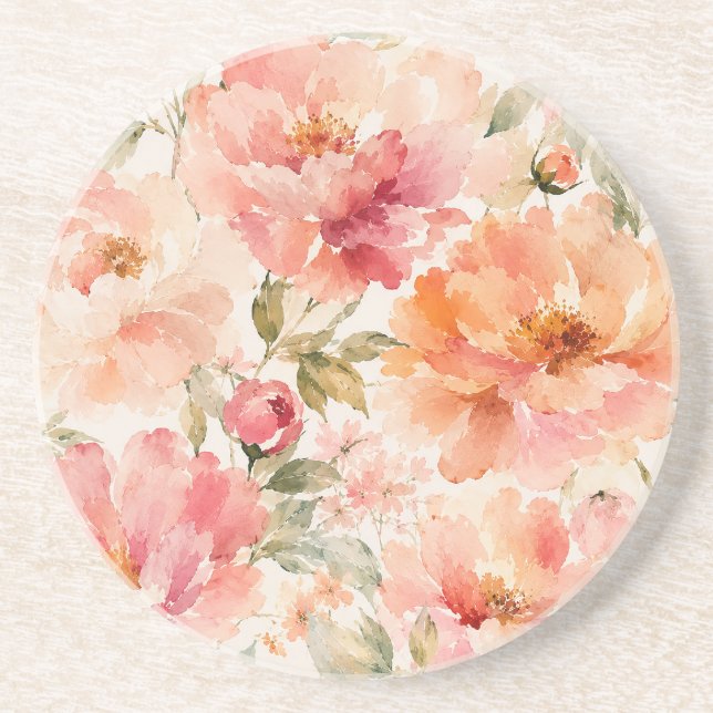 Romantic Warm Summer Watercolor Blossoms Coaster (Front)