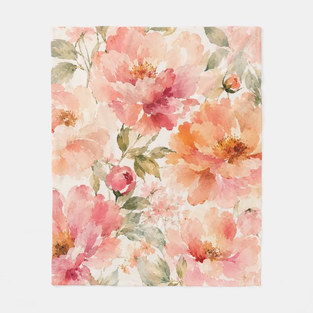 Romantic Warm Summer Watercolor Blossoms Fleece Blanket (Front)