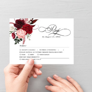 Romantic Water colour Burgundy Floral Wedding  RSV RSVP Card
