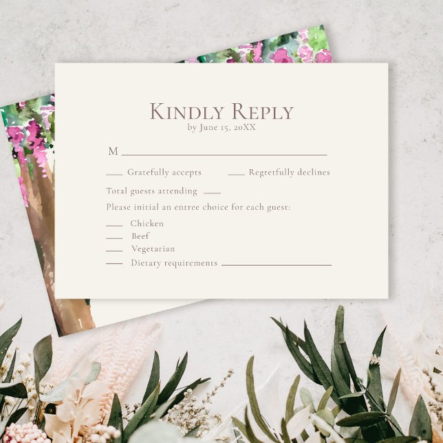 Romantic Watercolor Acacia Wedding RSVP Card (Romantic Watercolor Acacia Wedding RSVP Card on a boho table full with flowers and greens.)