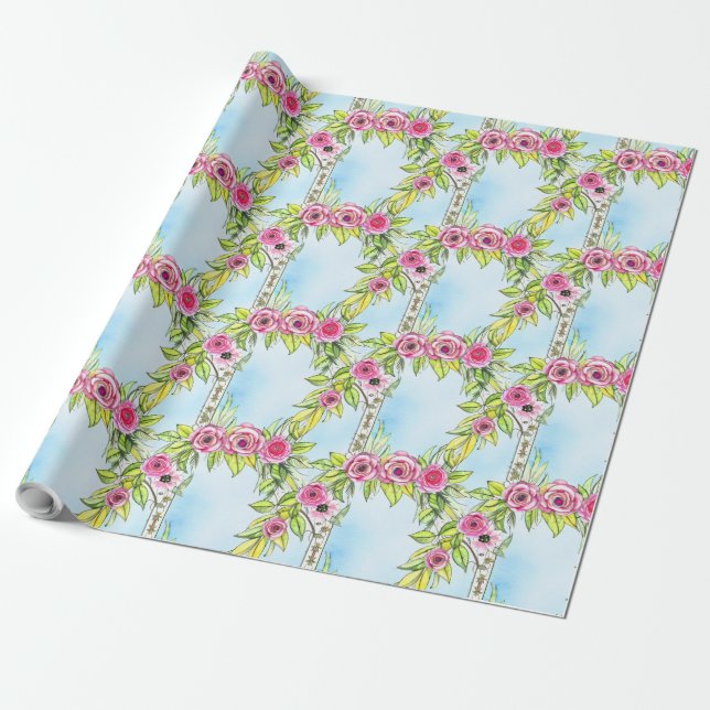 Romantic Watercolor Art Nouveau Rose Vine Wrapping Paper (Unrolled)