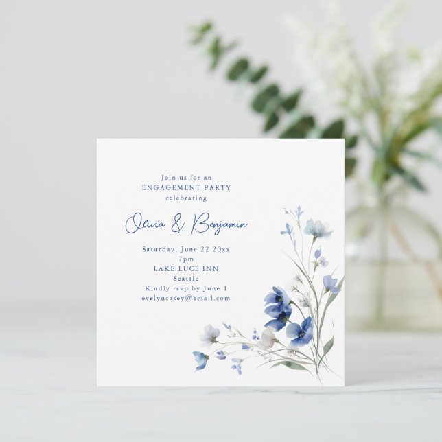 Romantic Watercolor Blue Floral Engagement Party Invitation (Standing Front)