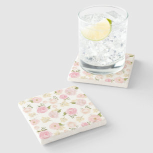Romantic Watercolor Blush Peonies Floral Pattern 2 Stone Coaster