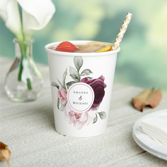 Romantic Watercolor Botanical Bride and Groom Paper Cups (Insitu)