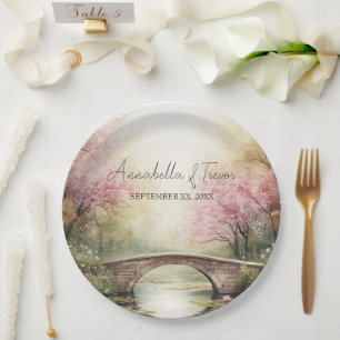 Romantic Watercolor Bridge & Blossoms Custom Name Paper Plate
