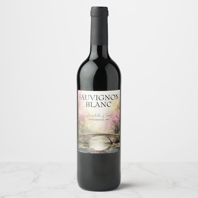 Romantic Watercolor Bridge & Blossoms Custom Name Wine Label (Front)