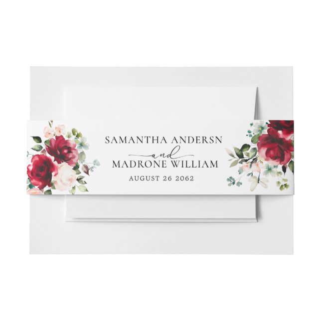 Romantic Watercolor Burgundy Blush Roses Wedding Invitation Belly Band (Front Example)
