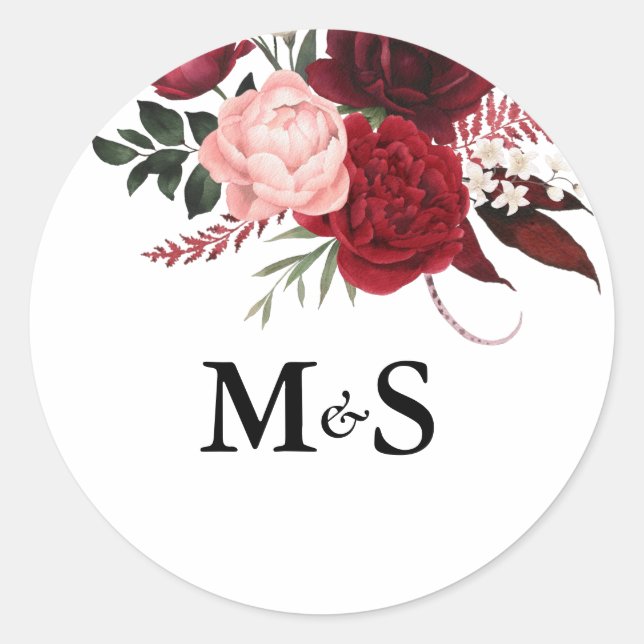 Romantic Watercolor Burgundy Floral Wedding  Classic Round Sticker (Front)