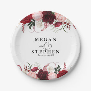 Romantic Watercolor Burgundy Floral Wedding Paper Plate